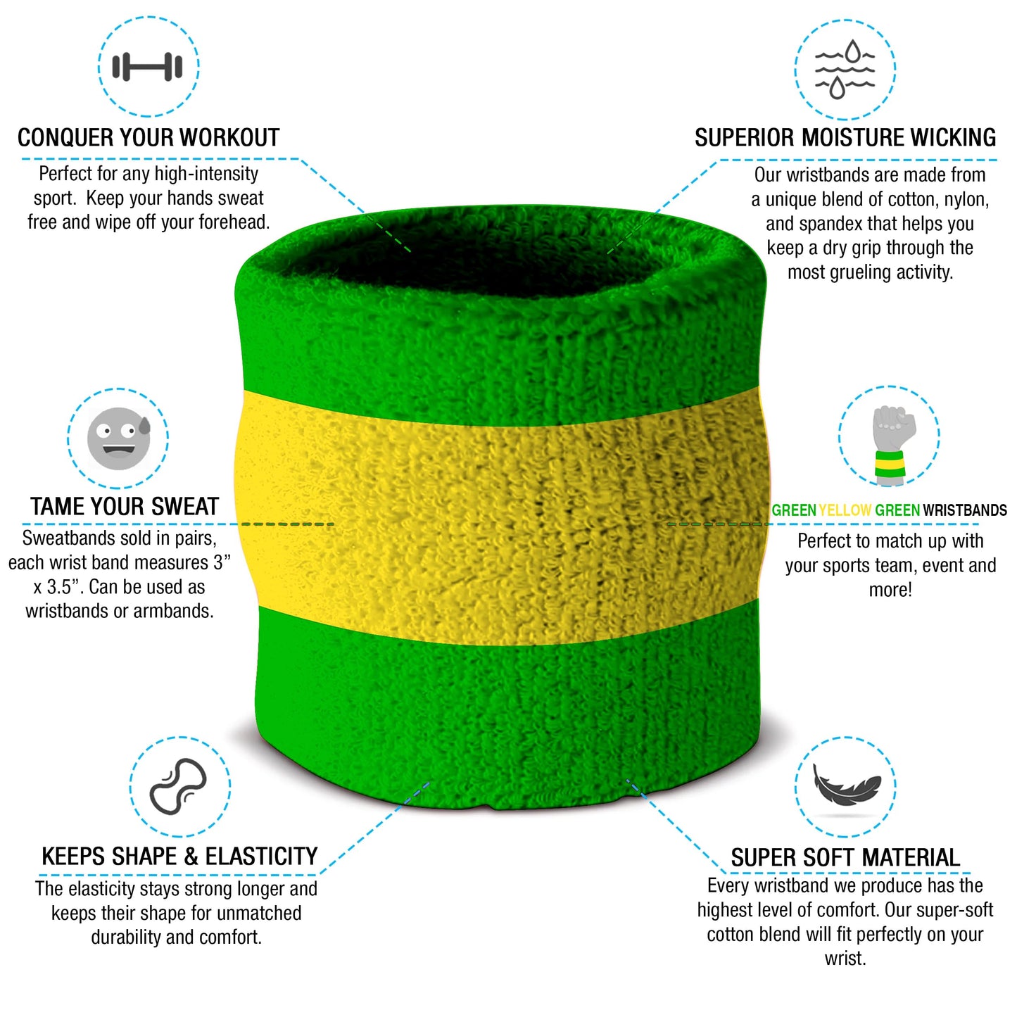 Suddora Striped Sweatband Set, Moisture Wicking 2 Wristbands and 1 Headband, Breathable Athletic Sweat Bands for Sports, Costumes & Cosplay, Matching Bands to Wear with Jersey, Green Yellow Green
