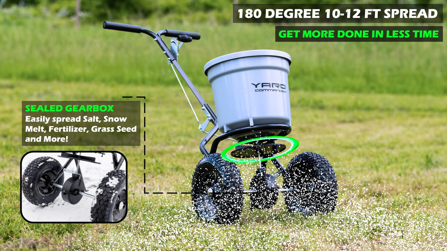 Yard Commander - Commercial 50 LB Walk-Behind Push Broadcast Spreader - 10-12 Foot Spread - Fertilizer, Ice Melt & Grass Seed - Clog Free Design - Fully Enclosed Gear Box - Adjustable Drop Rate