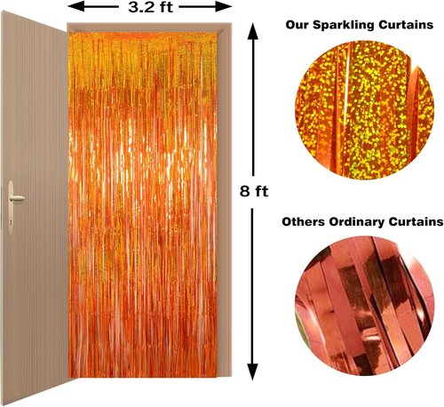 Melsan Tinsel Fringe Curtain - Upgraded 3 Pack of 3.2 x 8.2 Ft Orange Metallic Streamers for Parties & Events