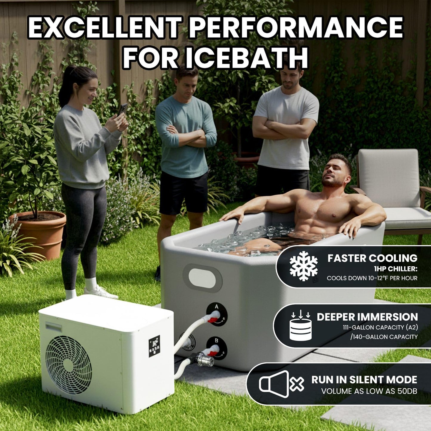ICEGALAX 1HP Ice Bath Chiller for Ice Bath Tub, Smart Control Water Chiller with Built-in Pump & Filter,Fast Cooling & Heating for Athletes Aiding Recovery Therapy (White with Inflatable Tub)