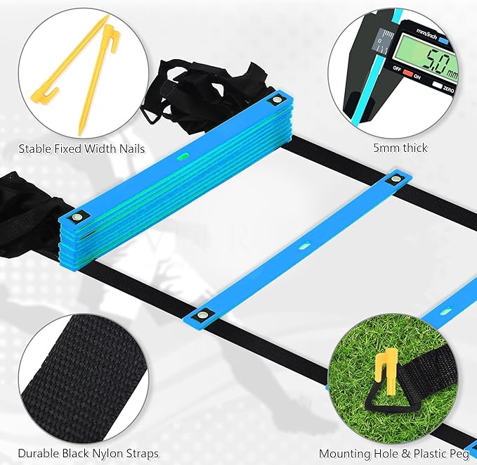 Fixed Rung Agility Ladder - 20ft 12 Rungs No Tangle Speed and Agility Training Equipment for Soccer Footwork Training with Carrying Bag/Ground Stakes for Adults Youth Kids