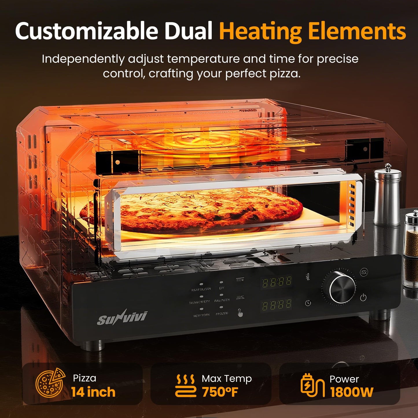 Sunvivi Electric Indoor Pizza Oven: Countertop Pizza Maker with 6 Presets, Heats up to 750℉, 12" Portable Pizza Cooker Warmer with Control Knob, Pizza Stone, Pizza Peel, Pie Maker for Home, Camping