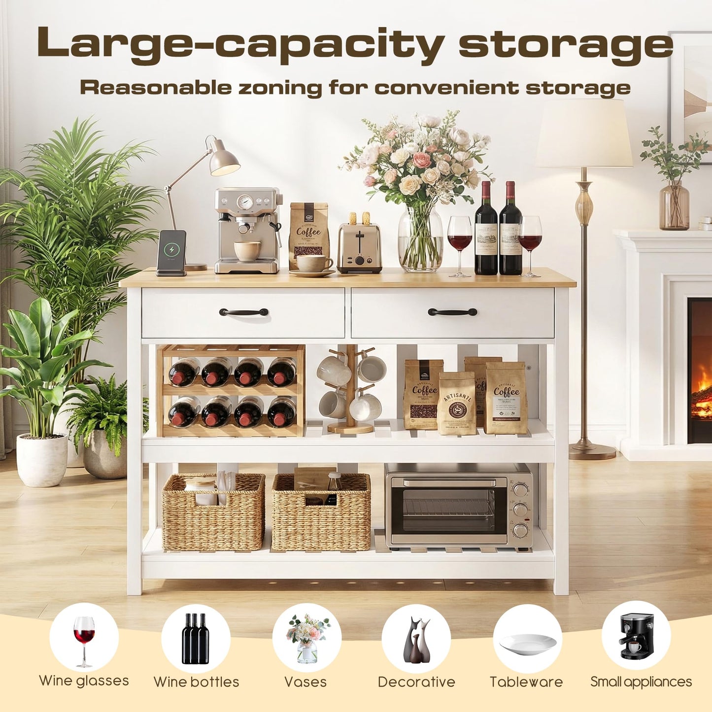 Grepatio 47 Inches Kitchen Island with Storage, Wooden Island Counter with Charging Station, Island Table with Shelves, 2 Drawers and 4 Hooks for Kitchen, Living Room, Dining Room, White and Natural