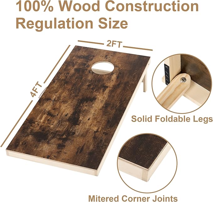 Cornhole Set 4'x2' Cornhole Board Sets with Bags Regulation Size, Corn Hole Games for Adults Outdoor Bean Bag Toss Game, Solid Wood