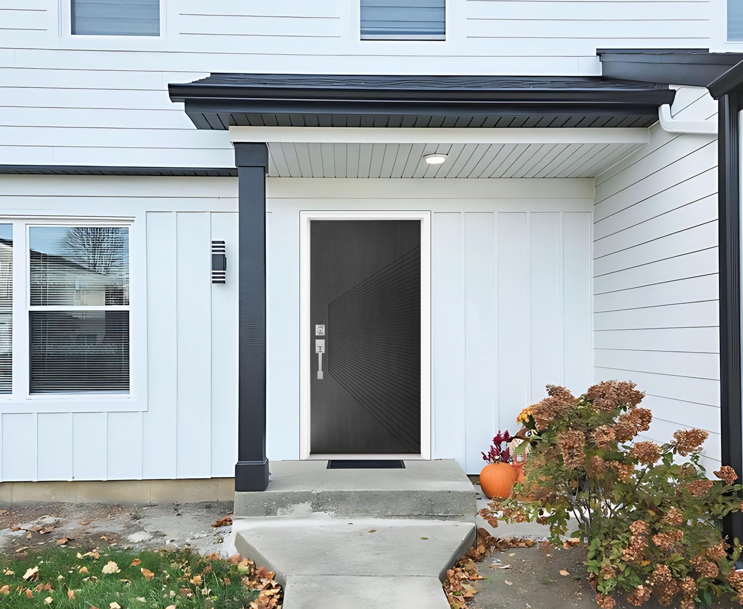 Exterior Fiberglass Door 36x80in Onyx Black, Metallic Look with Radiating Groove Design Front Entry Door Right-Hand Inswing, Textured Surface Knock-Down Door with Brickmould, Vinyl Frame