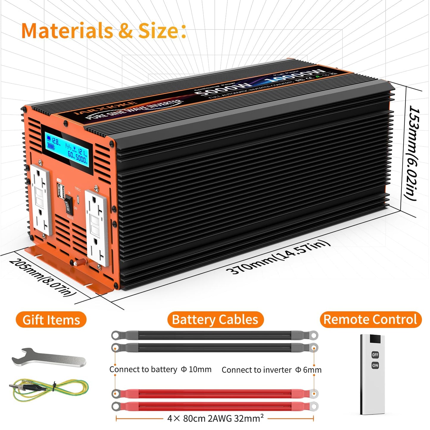 5000W Pure Sine Wave Power Inverter 12V DC to 110V 120V Converter for Family RV Off Grid Solar System Emergency Power Supply, Type-C Port 4 GFCI AC Outlet Dual USB Remote Control and LCD Display