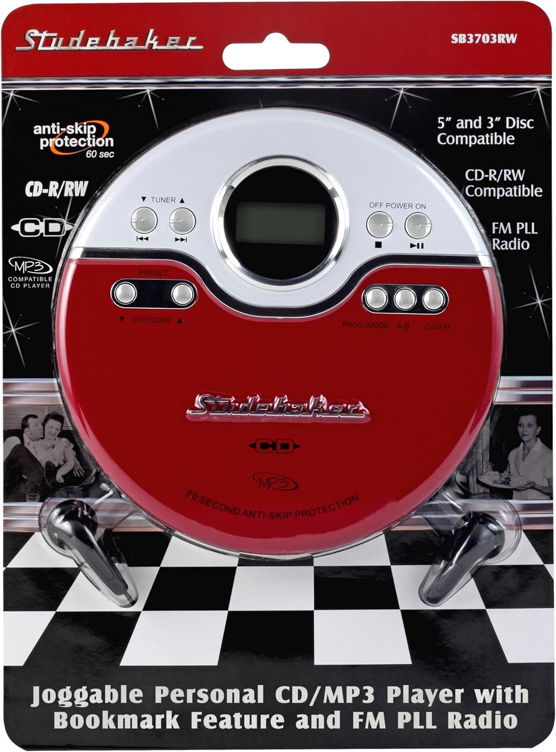 Studebaker SB3703RB CD/MP3 Joggable Personal Player with Audio Book Compatibility, Bookmark Feature and FM PLL Radio