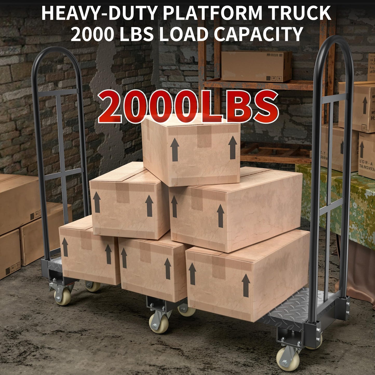 YITAMOTOR Heavy Duty Narrow Aisle U-Boat Platform Truck Dolly, 63 x 15.75 x 60.8 Inch U-Boat Cart with Thick Steel Deck 2000 Lb. Capacity with 6 Swivel Casters(2 Wheels with Brake)