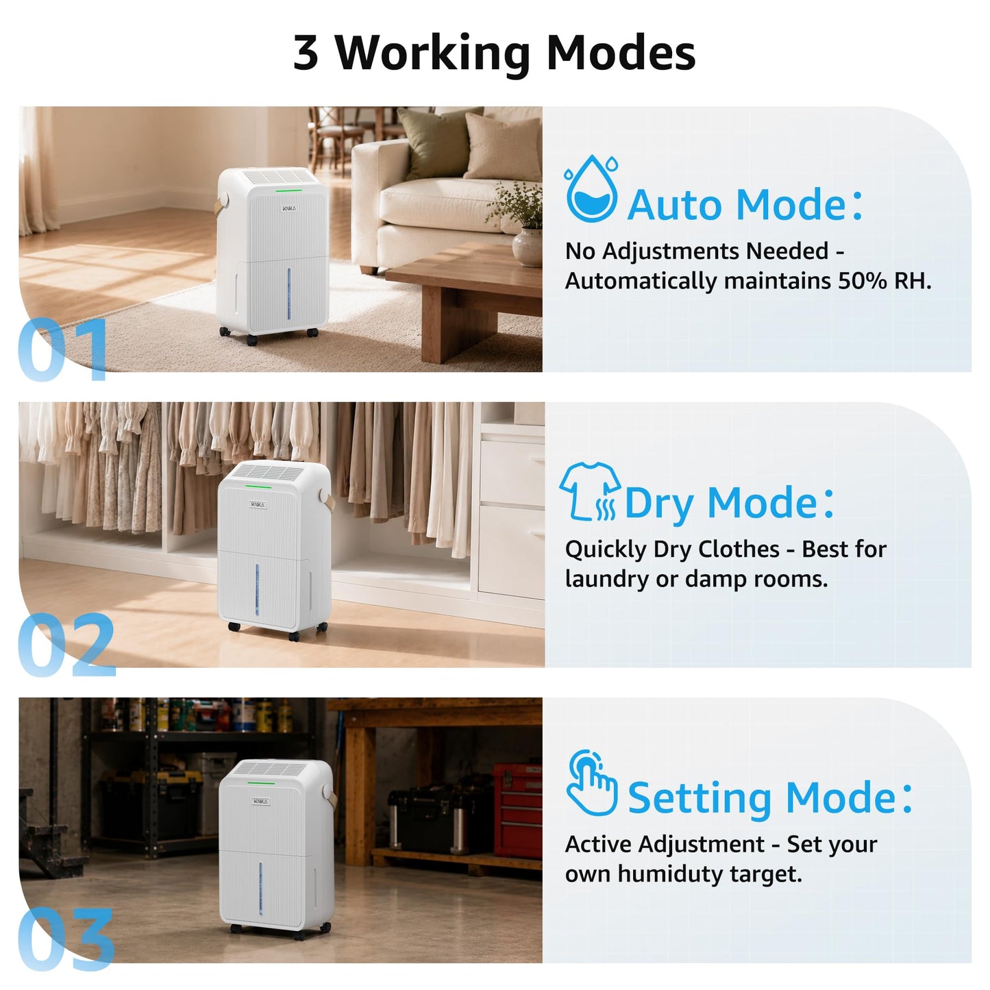 KNKA 2500 Sq.Ft Dehumidifier for Basement with Drain Hose Max 34 Pints, Dehumidifiers for Home, Bedroom, Bathroom, Large Room, Three Modes, Intelligent Humidity Control, Dry Clothes, 24HR Timer