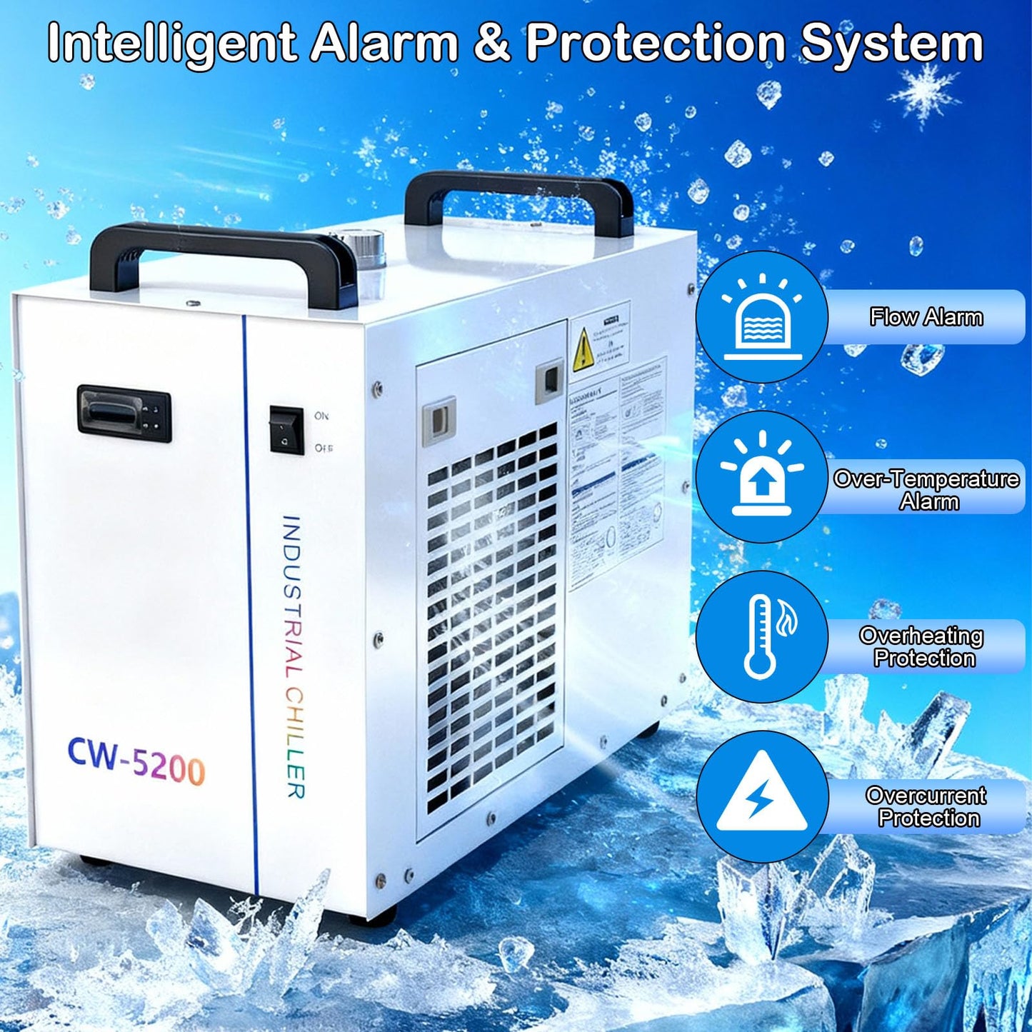 CW-5200DH Industrial Water Chiller, 6L Laser Cooling System for 60W-150W CO₂ Engraving Cutting Machines, Precise Temperature Control, High Efficiency 0.9HP