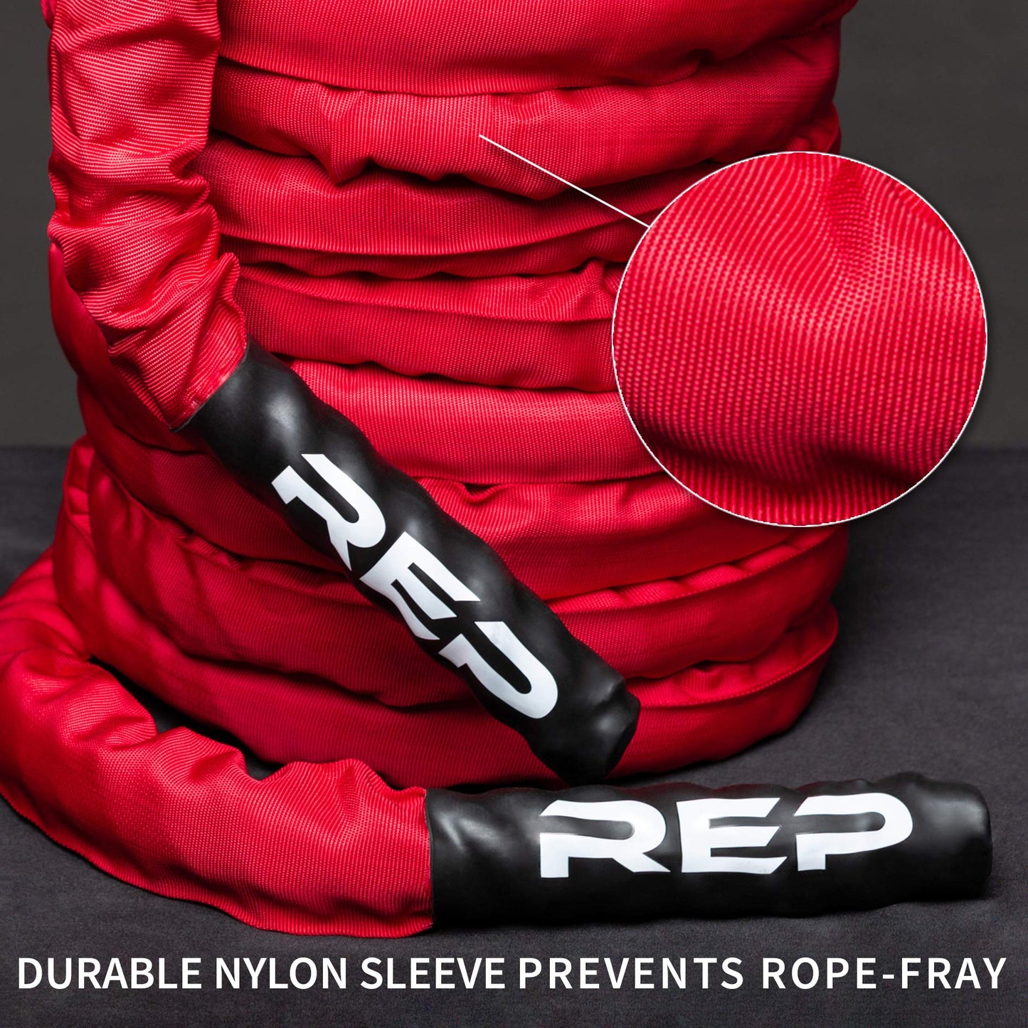 REP Battle Ropes - PolyDacron Battle Rope for Strength and Conditioning Workouts – 1.5" and 2" Diameter, 30ft, 40ft, 50ft Lengths with Optional Cover Sleeve (Red with Sleeve, 1.5 x 50 ft)