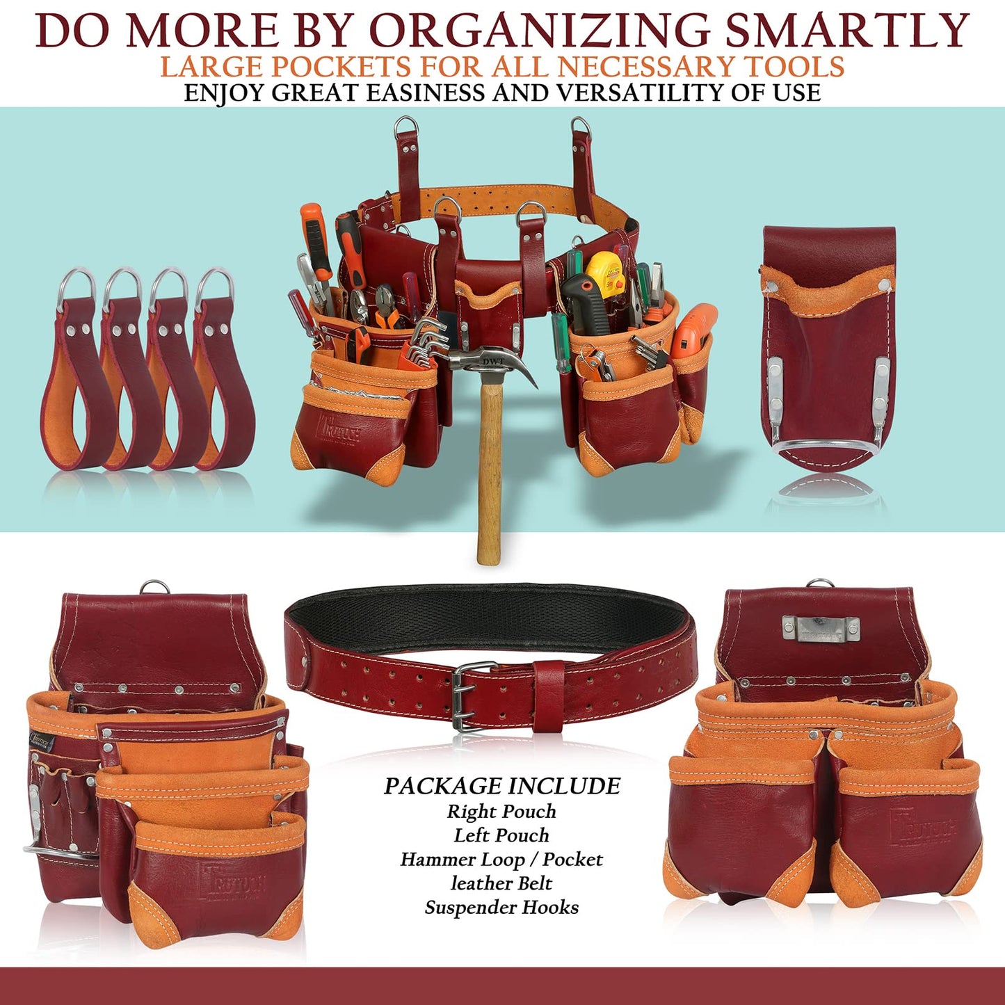 TRUTUCH Grain Leather Tool Belt | Tool Rig Set | Tool Pouch | Drywall | Carpenter Tool Bag | Leather Tool Belts for Men | Construction | Framers | Electrician (Maroon)