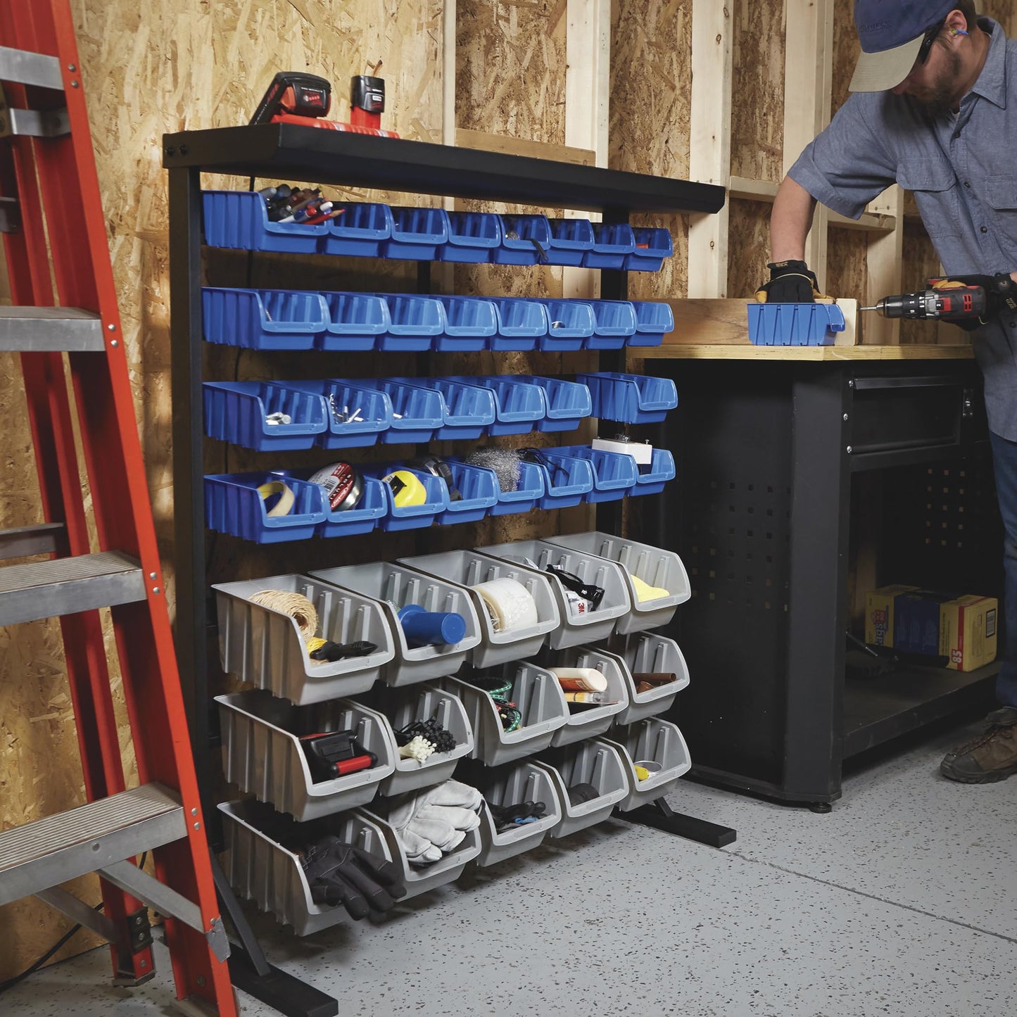 Strongway Single Side Bulk Storage Rack Unit with 47 Assorted Bins - 36 1/2in.W x 14in.D x 46in.H