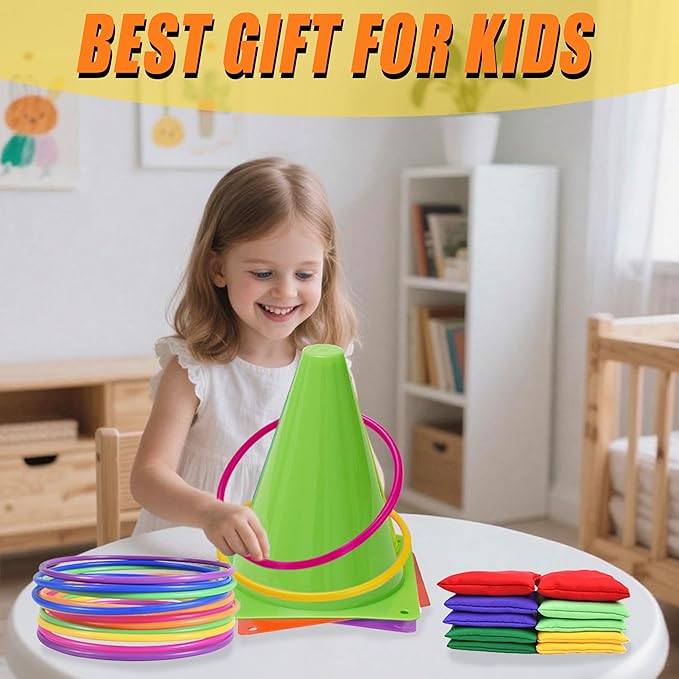 Carnival Games Combo Set 3 in 1, 31PCS Soft Plastic Cones Bean Bags Ring Toss Game with Carrying Bag, Gift for Outdoor Birthday Party/Xmas
