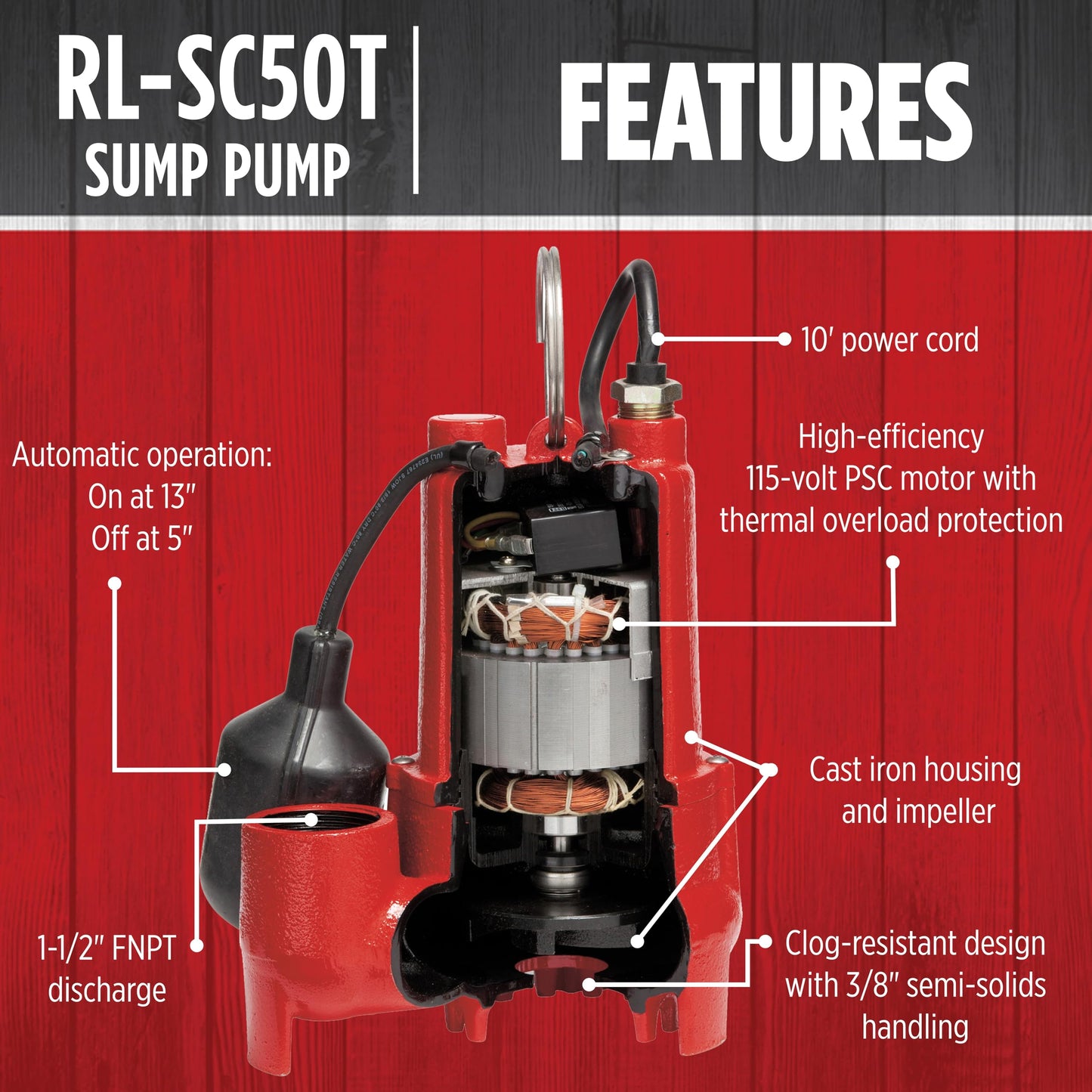 Red Lion RL-SC50T 115-Volt, 1/2 HP, 4300 GPH Cast Iron Sump Pump with Tethered Float Switch, 10-Ft. Cord, Red, 14942746