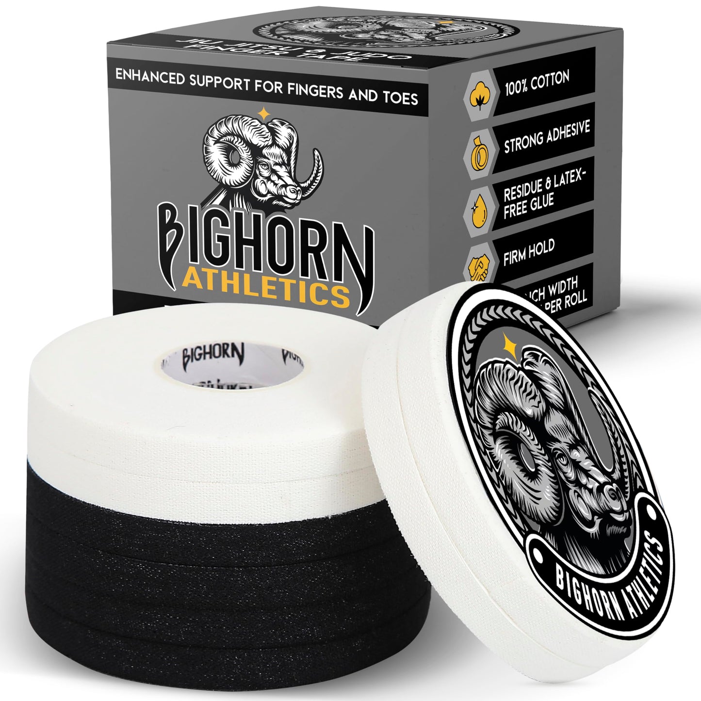 Bighorn Athletics Jiu Jitsu Finger Tape, 0.3-Inch x 45-feet, 8-Rolls | Residue-Free, Zinc Oxide Adhesive | Athletic Sports Tape for BJJ, Wrestling, Climbing, Volleyball, Hands & Toes | Black & White
