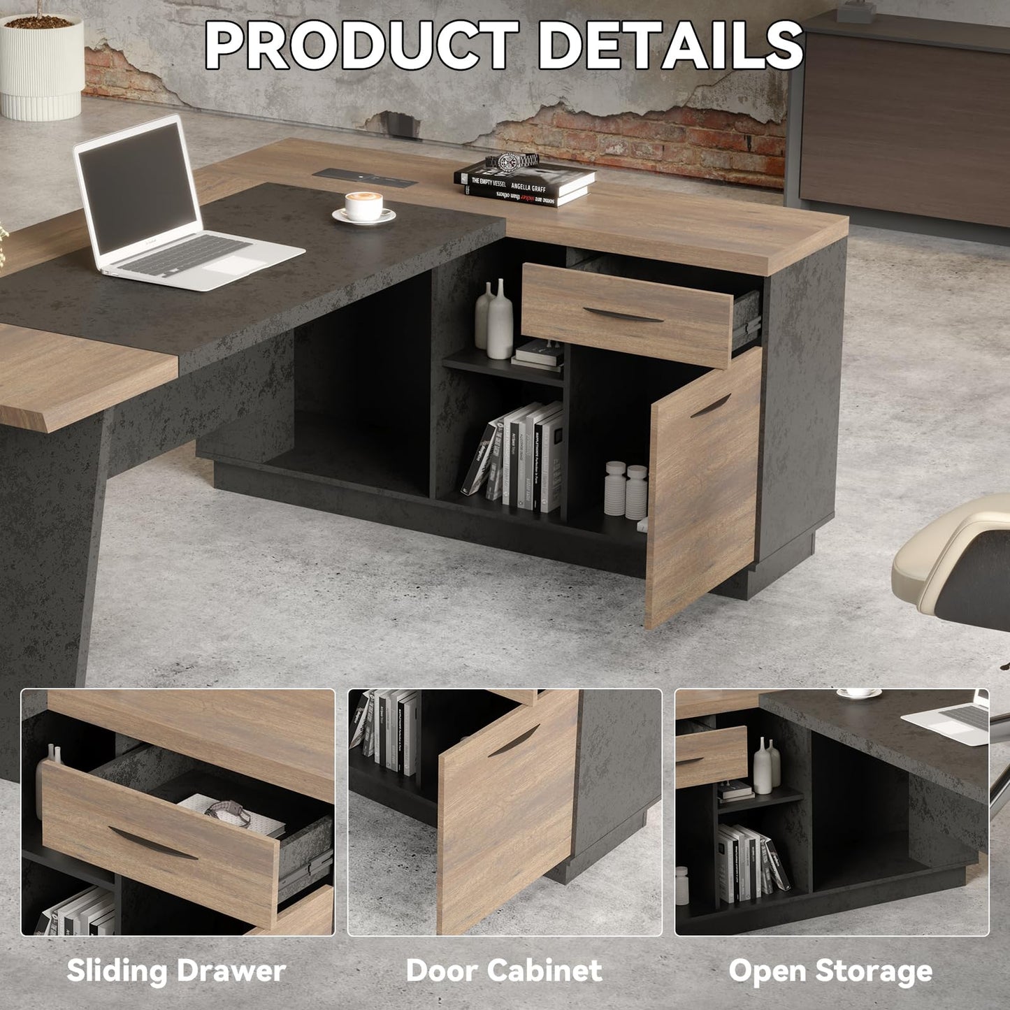 SAINTCY L-Shaped Executive Desk, 78.74 Inches Large Office Desk, Modern Computer Desk Set with Drawers & Storage Shelves, Business Workstation for Home Office, Brown, Right Return