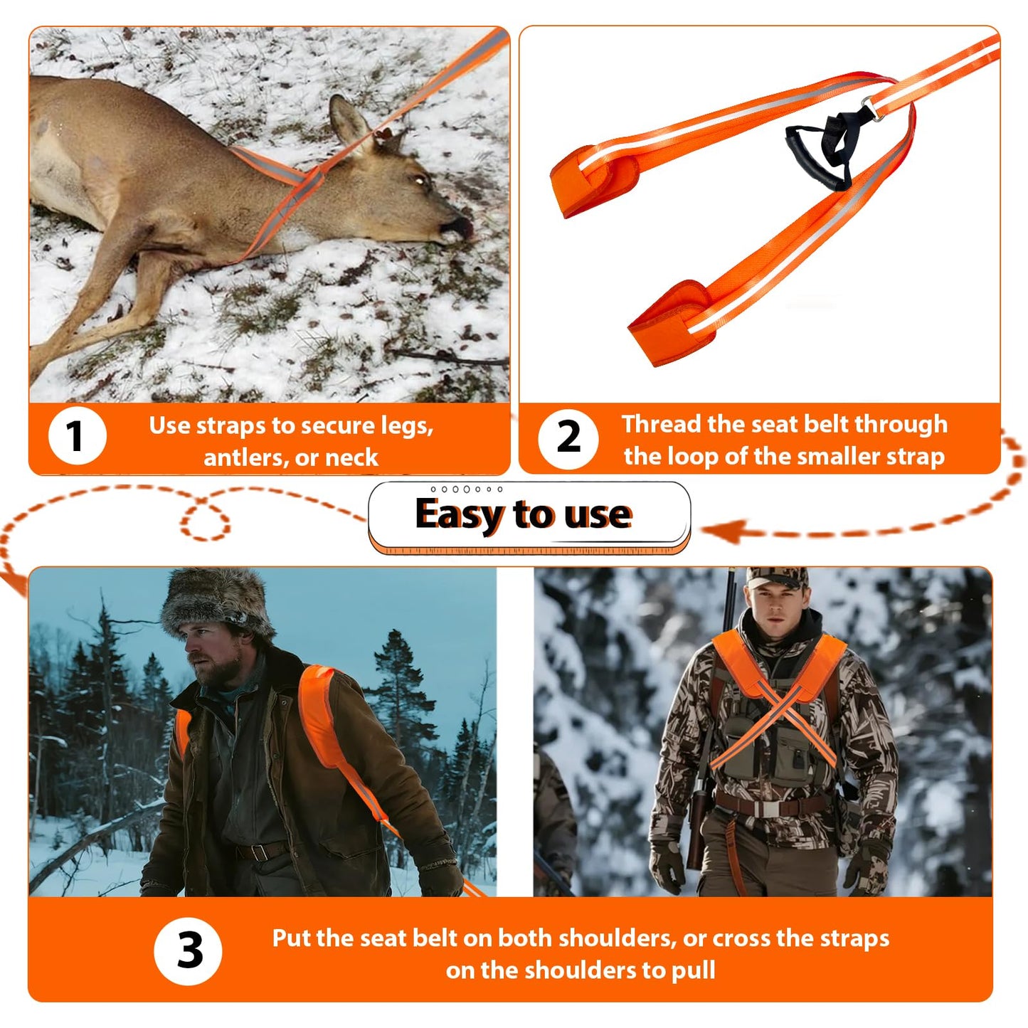 Vecacosic Deer Drag Strap And Harness Heavy Duty Safety Reflective Orange Deer Dragging Rope with Widen and Extended Shoulder Pads, Hunting Accessories Gift for Hunters, 500lbs Load Capacity