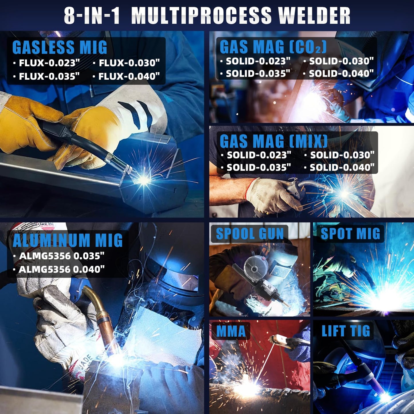 AZZUNO 8 in 1 200A MIG Welder & .030" 2LBS Solid MIG Welding Wire, 110V/220V Welder Machine Flux Core MIG/Gas MIG/MAG/Aluminum MIG/Spot MIG/Lift TIG/Stick Welding/Spool Gun Compatible, Multiprocess We