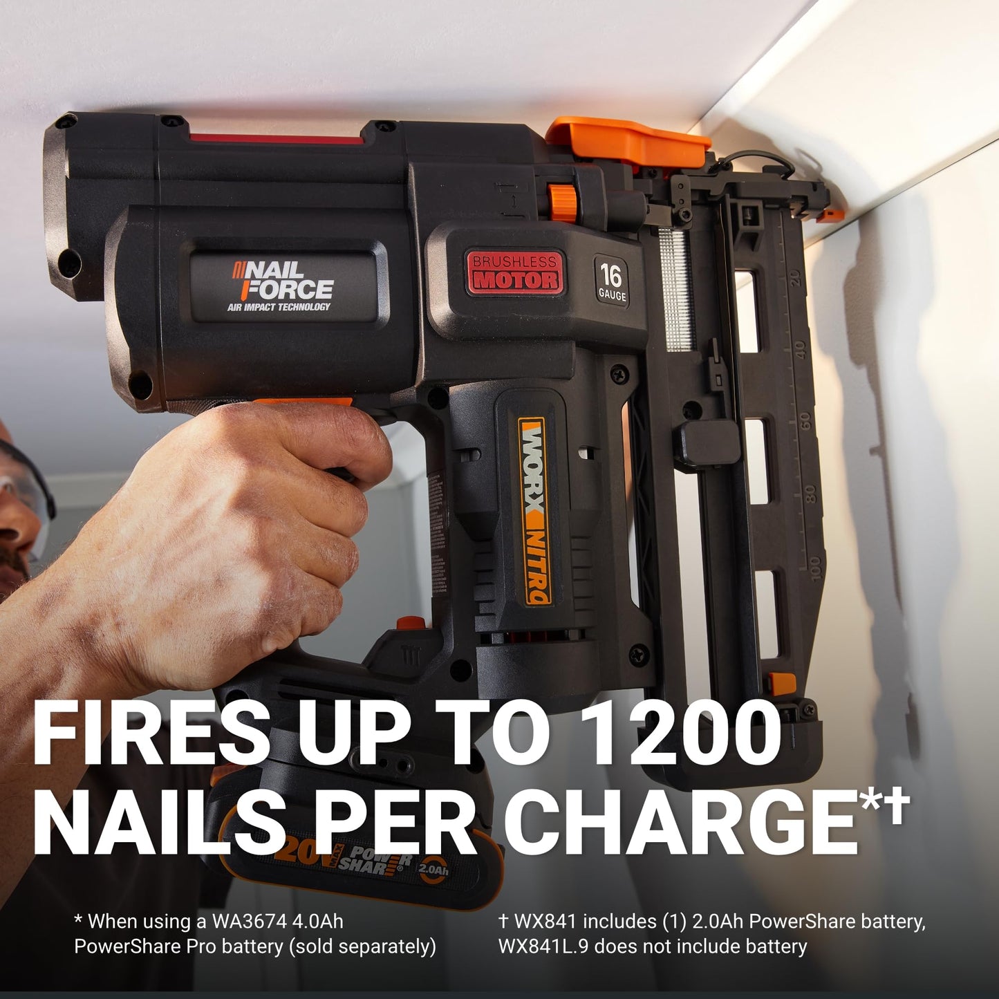 Worx Nitro 20V 16GA Finish Nailer Cordless 70 Nails/Min Sinks Up to 2-1/2", Compact Cordless Nail Gun w/Tool-Free Jam Release, Brushless Nail Gun Battery Powered WX841L – Battery & Charger Included
