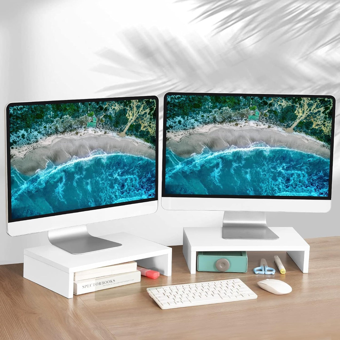 2 Pack, 2 TEAMIX White Monitor Stand Riser - Wood Tier Adjustable Dual Monitor Riser for Laptop/PC Computer Stand