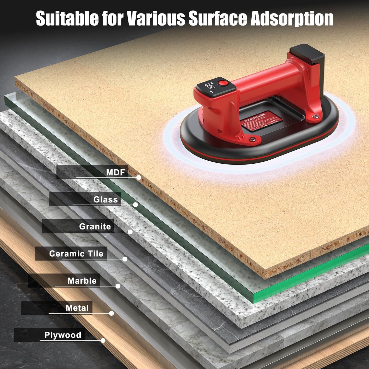 SundpeyPRO Electric Glass Suction Cups - 10" Heavy Duty Vacuum Suction Cups Lifter Max Load 662lbs with 4 x 3.0Ah Batteries & 2 x Chargers & Digital Display for Glass Tile Marble Granite Windshields