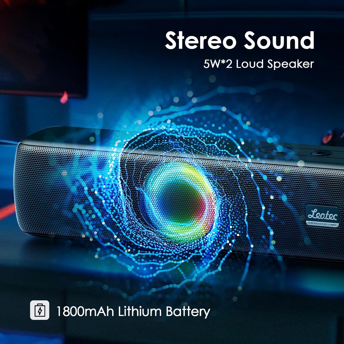 LEOTEC Computer Speakers with FM Radio,Stereo Sound,Portable Mini Sound Bar,Type-C Charging,AUX in,TF,USB for Computer