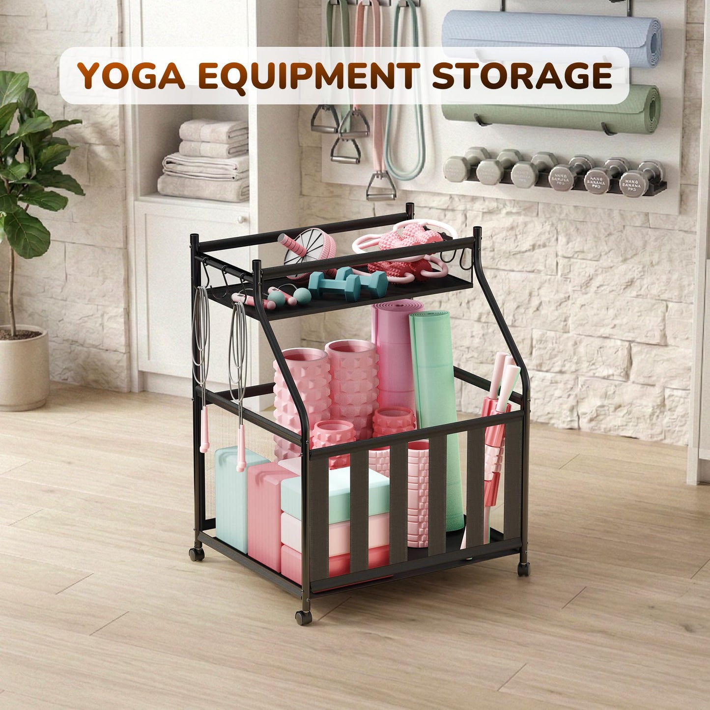 CACHOLIV Garage Sports Equipment Organizer with Wheels - Garage Ball Storage with Elastic Rope and 6 Hooks - Home Gym Storage for Basketball Soccer - Outdoor Storage Rack for School Playground (Black)