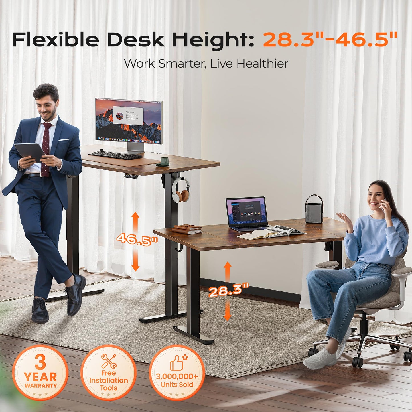 Huuger 55 x 28 Large Electric Standing Desk, Height Adjustable Computer Desk, 27.6" Deep Desktop, Stand up Gaming Office Desk with 2 Hooks, 3 Preset Heights, for Home Office, Rustic Brown