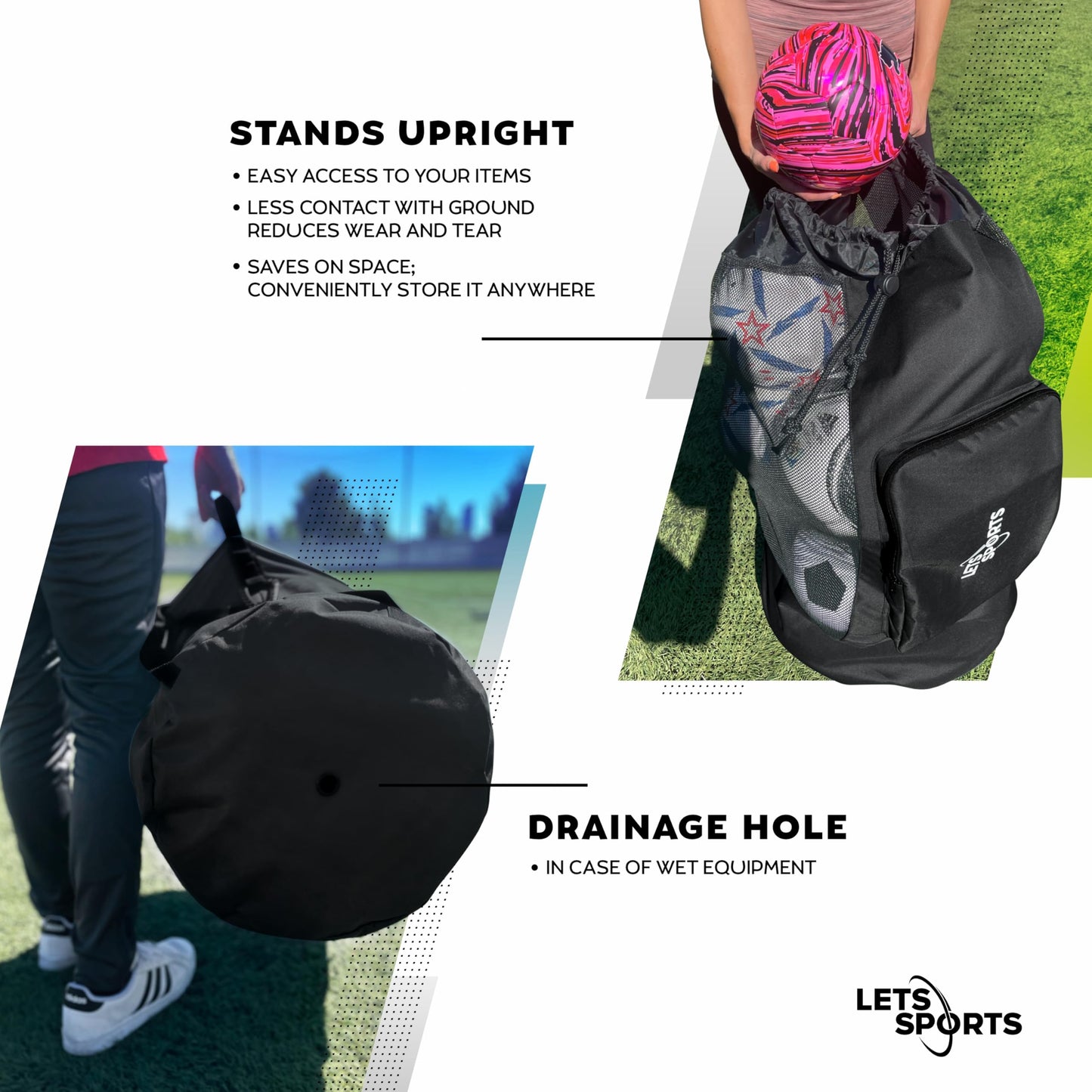 LETS Sports Soccer Ball Bag for Basketball, Volleyball & Football | Large Drawstring Ball Bags Mesh | Heavy-Duty Soccer Ball Bags for Coaches | Equipment Bag w/Shoulder Strap | 37" x 17" Black