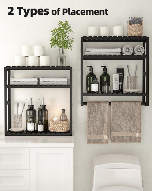 Galood Bathroom Shelves Towel Racks Over Toilet Storage with Towel Bar 3 Tier Floating Wall Mounted Space Saving Bamboo Paper Holder for Bathroom Laundry Room Kitchen Organizers (Black)