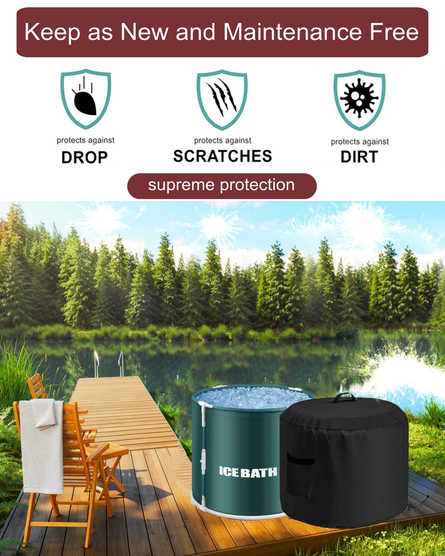 GS Alderaul Portable Ice Bath Tub Cover - Dustproof, Waterproof with Windproof Hem - Outdoor Ice Bath Barrel Cover for Cold Plunge Tub