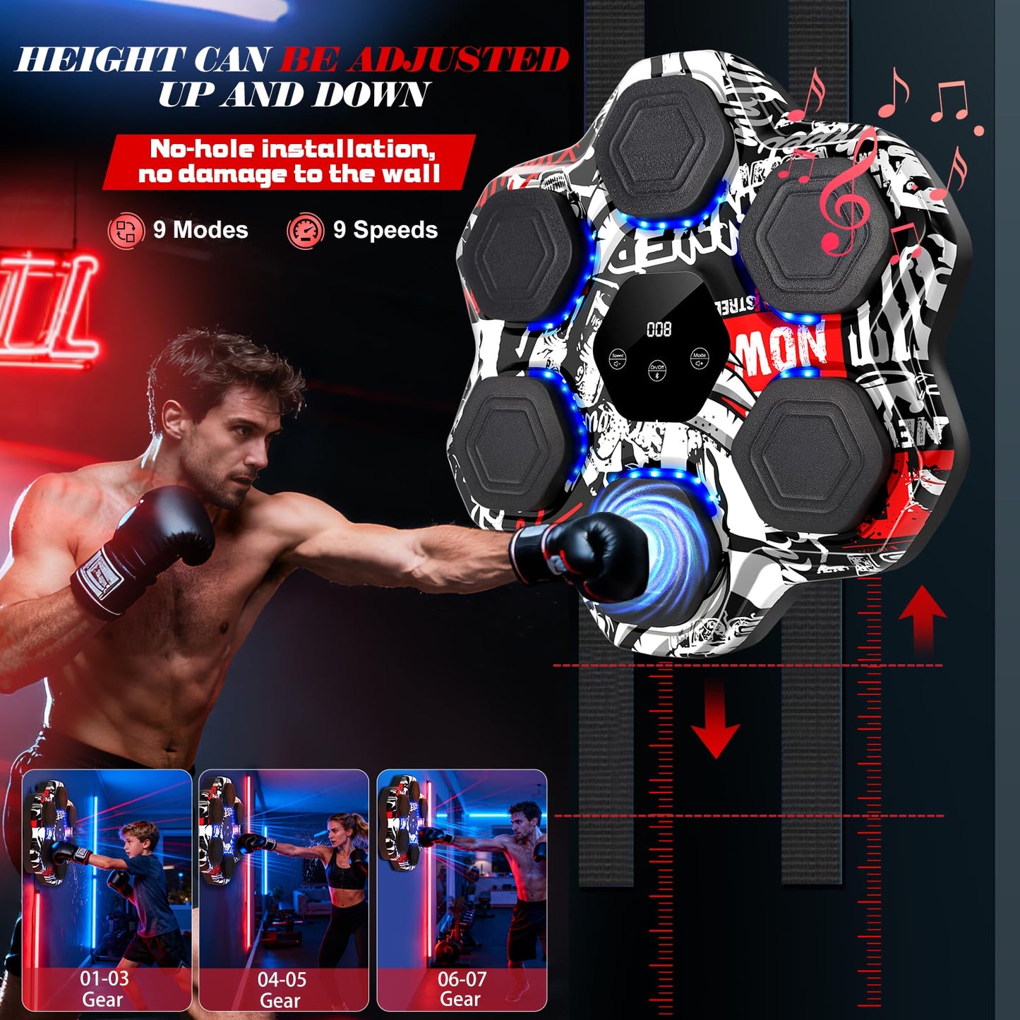 Music Boxing Machine, Smart Bluetooth Boxing Machine with Gloves, Wall Mounted Electronic Punching Machine for Adults Kids, 9 Modes 9 Speeds, LED Counting for Home Gym, Stress Relief Gift