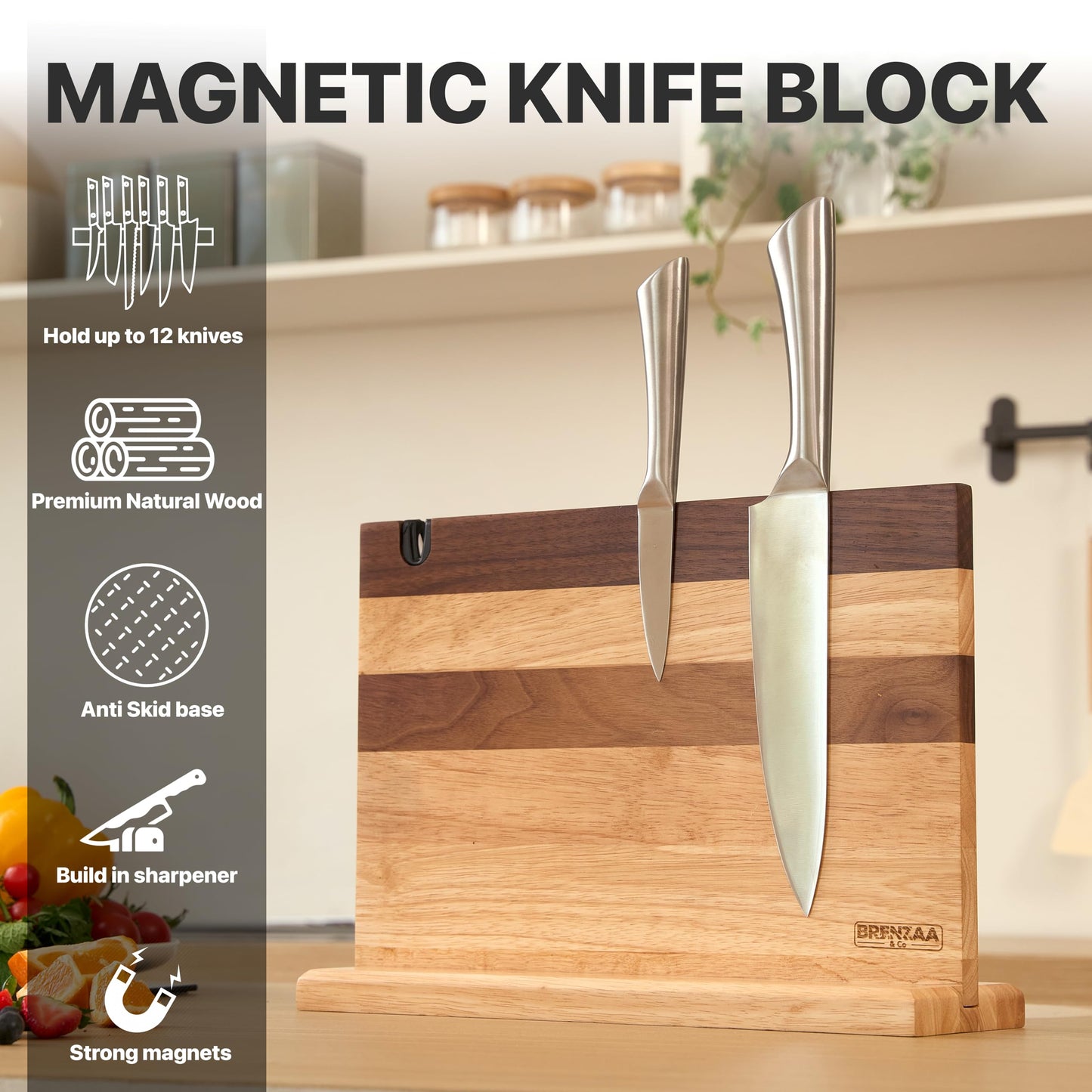 BRENZAA Magnetic Knife Block with Built-in Sharpener, 14 inch Double Sided Wood Knife Holder for Countertop, Universal Knife Stand without Knives (Rubberwood and Walnut Decor)
