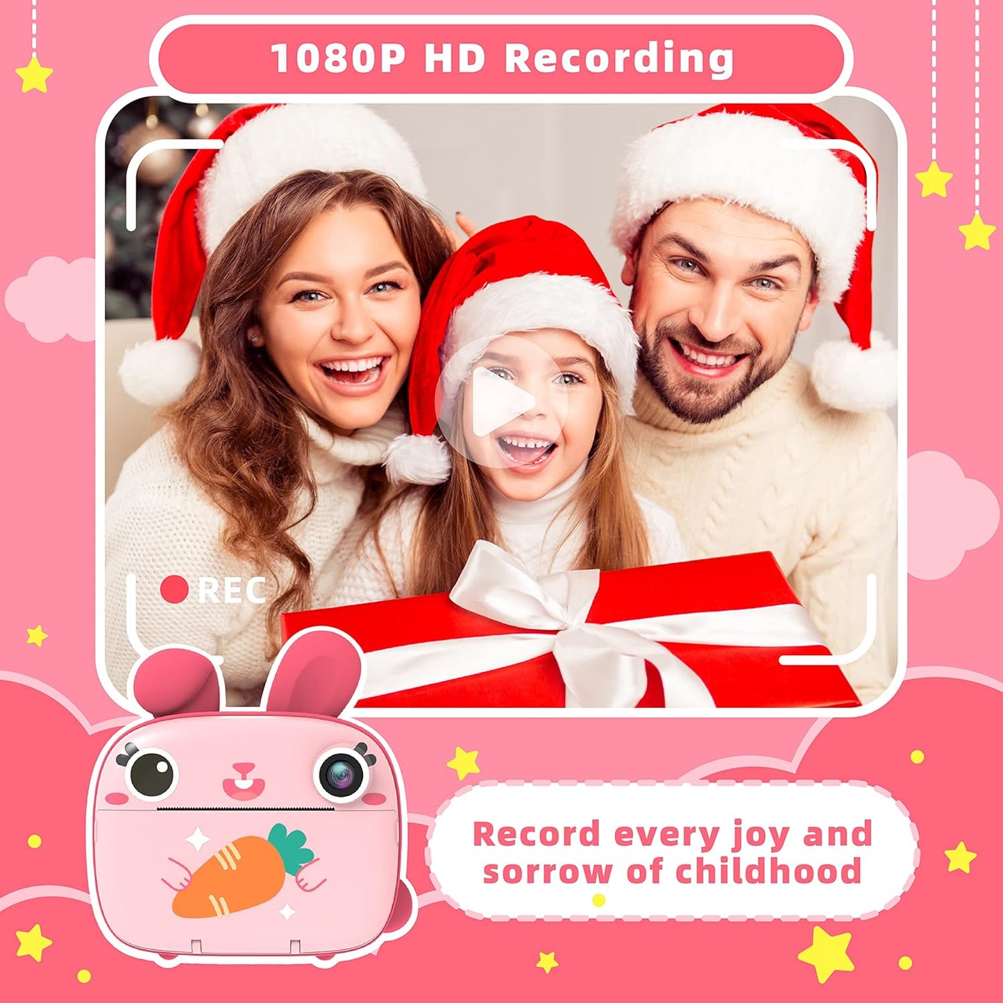 CAMCLID 2.5K 32GB 1080P 3-12 Kids Instant Camera - Instant Print Camera with No Ink, Card, Selfie & Video, Pink Toy