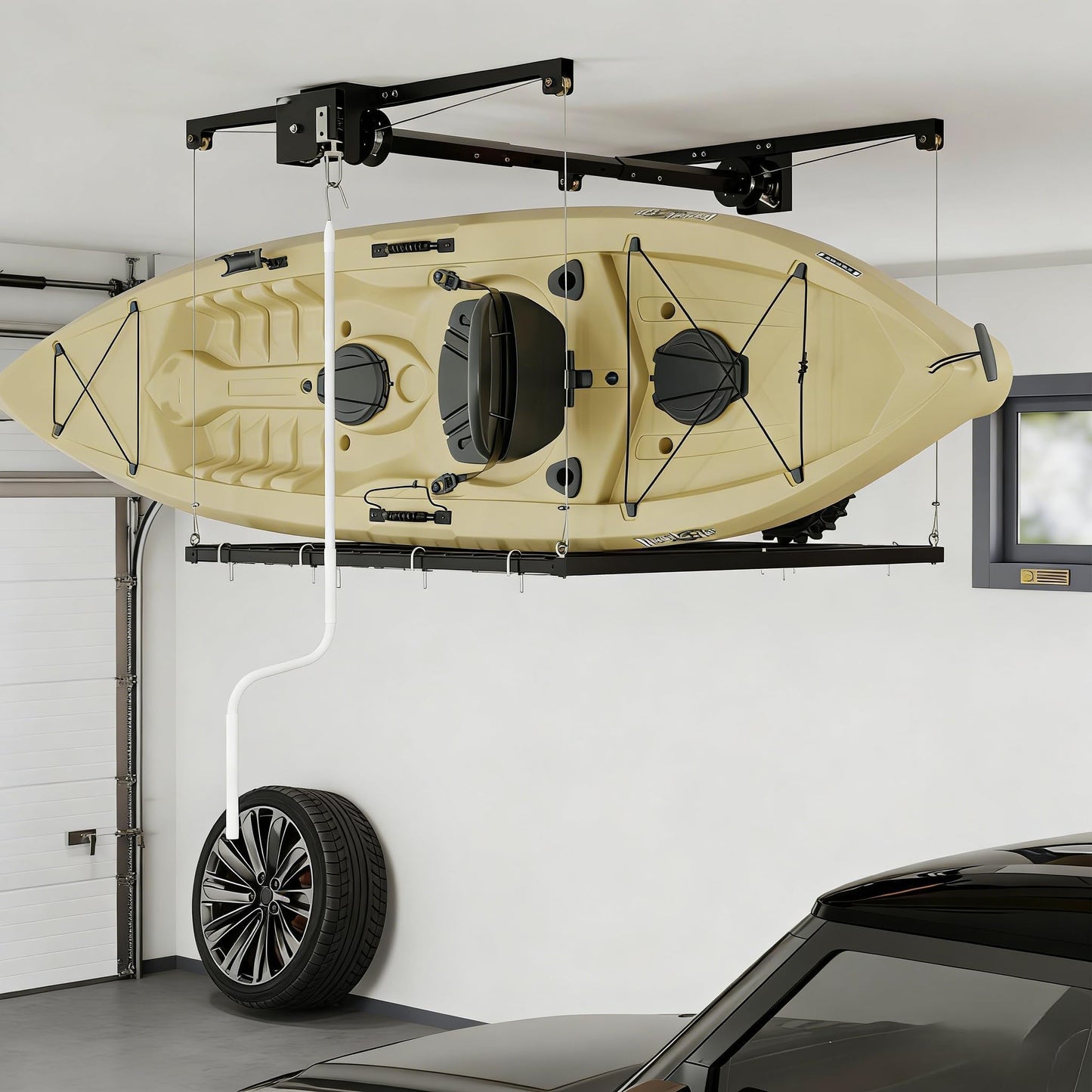 ExploreHorizon 4x4 FT Overhead Garage Lifting Storage Rack, 350 lbs Capacity & 79" Lifting, Metal Garage Ceiling Rack, Adjustable Storage System with Safety Lock