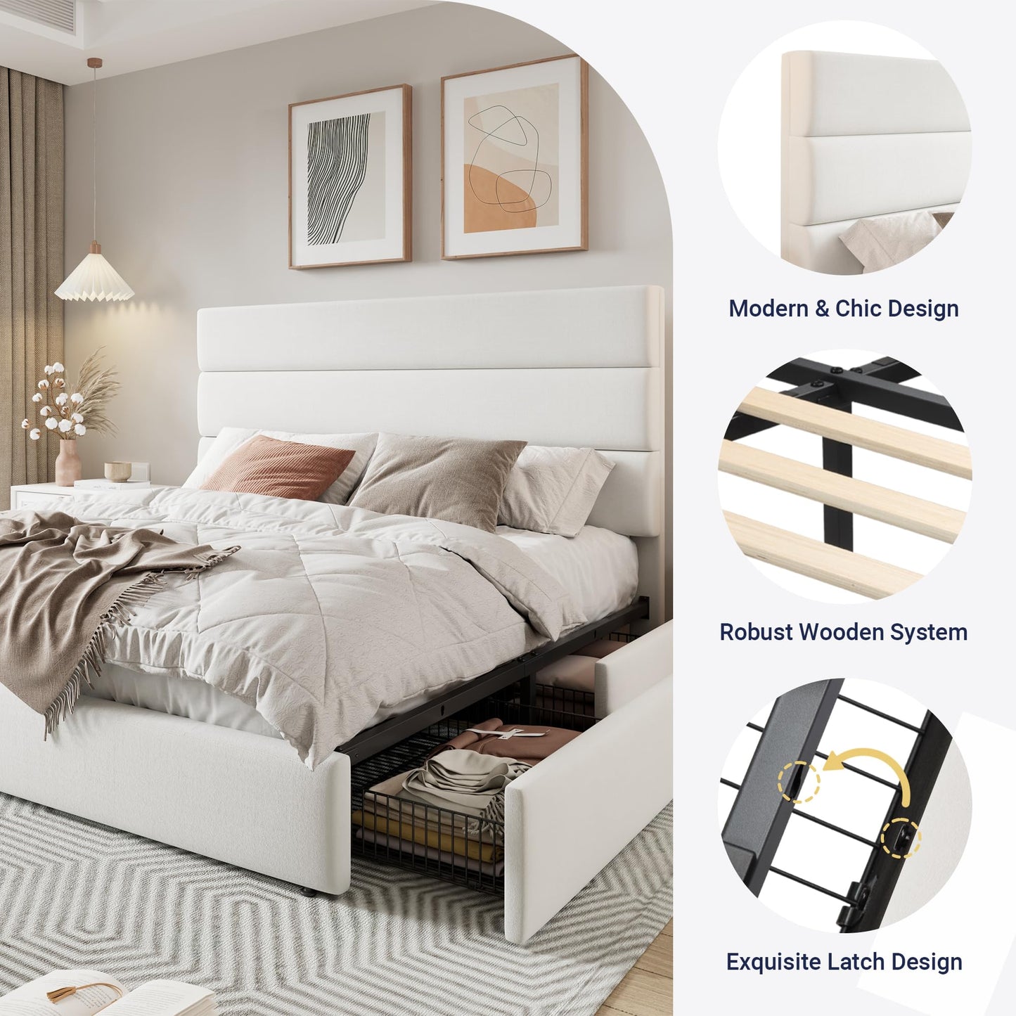 Allewie Modern Full Size Platform Bed Frame with 4 Storage Drawers and Velvet Upholstered Headboard, Wooden Slats Support, Upholstered Mattress Foundation/No Box Spring Needed/Easy Assembly, White