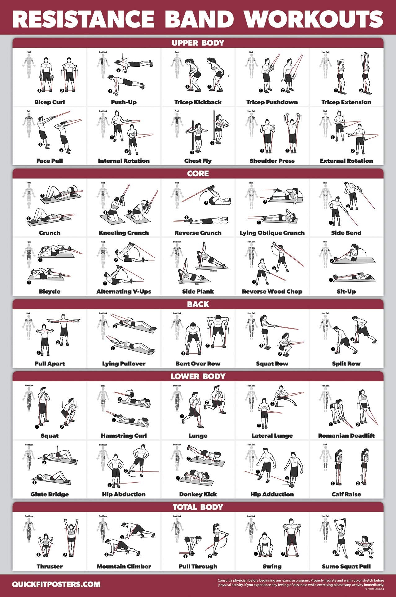 Palace Learning 4 Pack - Dumbbell Workouts + Bodyweight Exercises + Resistance Bands Workouts + Warm Up Exercises - Set of 4 Workout Charts (LAMINATED, 18” x 24”)