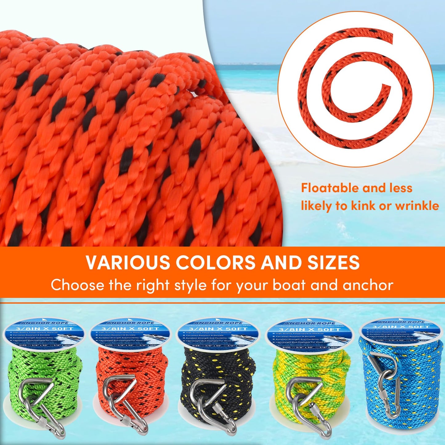 BALAVA Anchor Rope 50FT x 3/8in,Premium Solid MFP Braided Anchor Rope Anchor Line,Boat Anchor Rope with Stainless Steel Thimble & Snap Hook,Boat Rore Marine Rope for Anchors and Boats (Orange/Black)