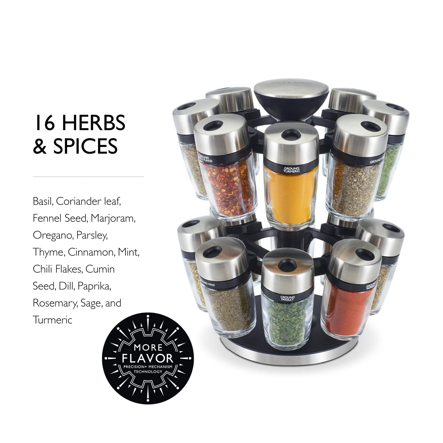 Cole & Mason 16 Herb & Spice Carousel - Rotating Spice Rack - Metal Two-Tier Organizer - Lazy Susan Style - Stainless Steel/Black, 10 inch