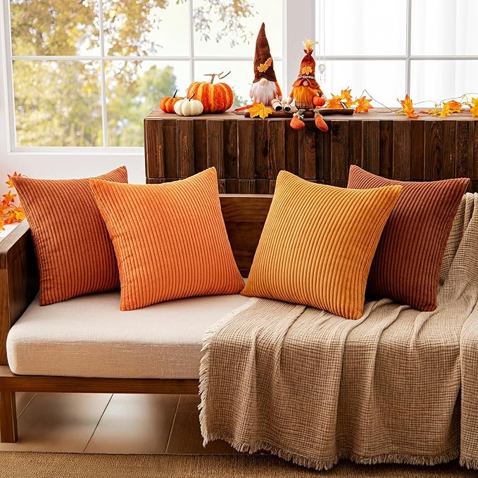MIULEE Boho Farmhouse Throw Pillow Covers 18x18 Inch Set of 4 Mordern Nordic Cushion Covers Soft Corduroy Home Decor for Couch Bed Sofa Living Room Orange Rust