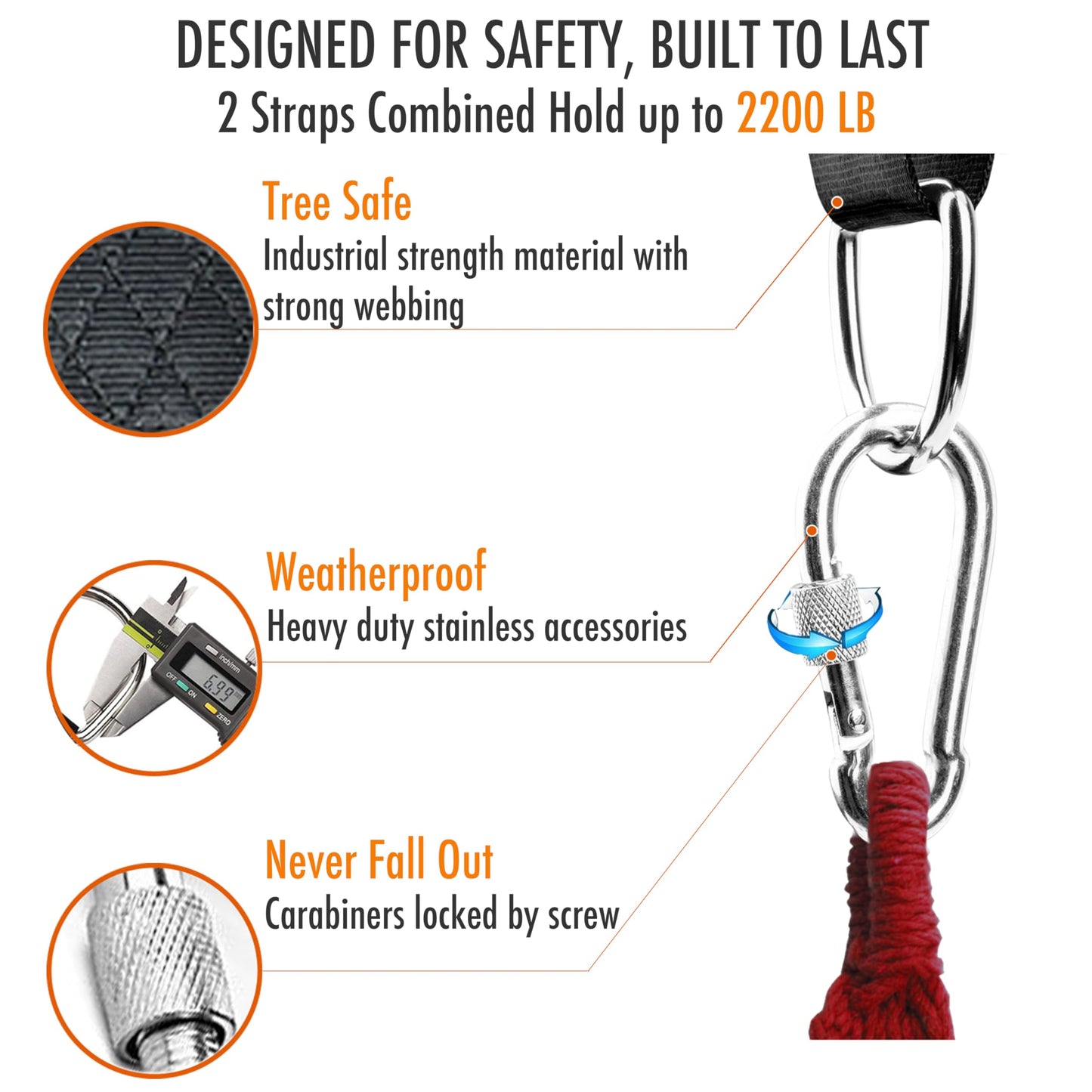 Tree Swing Hanging Straps Kit, Heavy Duty Holds 2200LBS 5FT Extra Long, with Safer Lock Snap Carabiners & Carry Pouch Bag