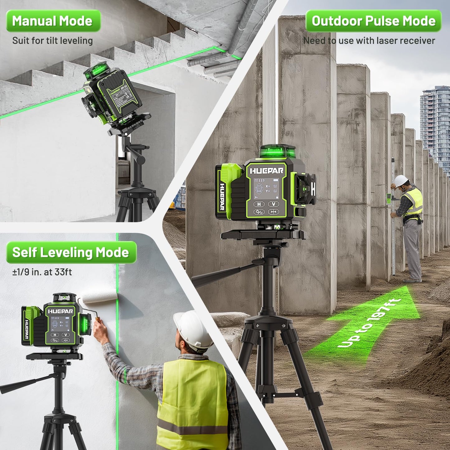 Huepar Laser Level 360 Self Leveling, W04CG Upgraded 4x360° Bluetooth Construction Lazer Leveler Tool with Electric Rotating Base ＆ Large LCD Screen, 4D 16 Lines Green Cross Laser Level