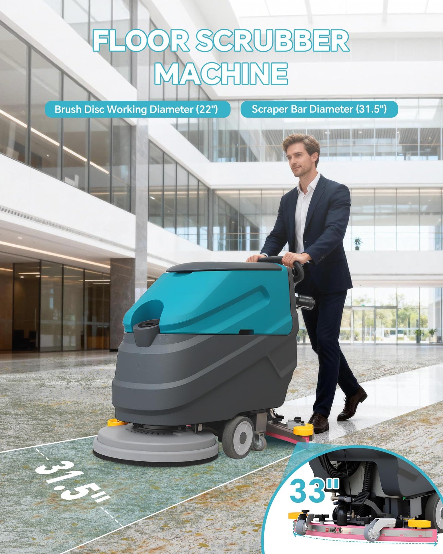 KARHDIR C7 Walk Behind Commercial Floor Scrubber Machine, 22" Cleaning Width, 33" Suction Width, 18.5 Gallon Solution Tank, 15.9 Gallon Recovery Tank, 32000 Sqft/h, Complete Set of Parts