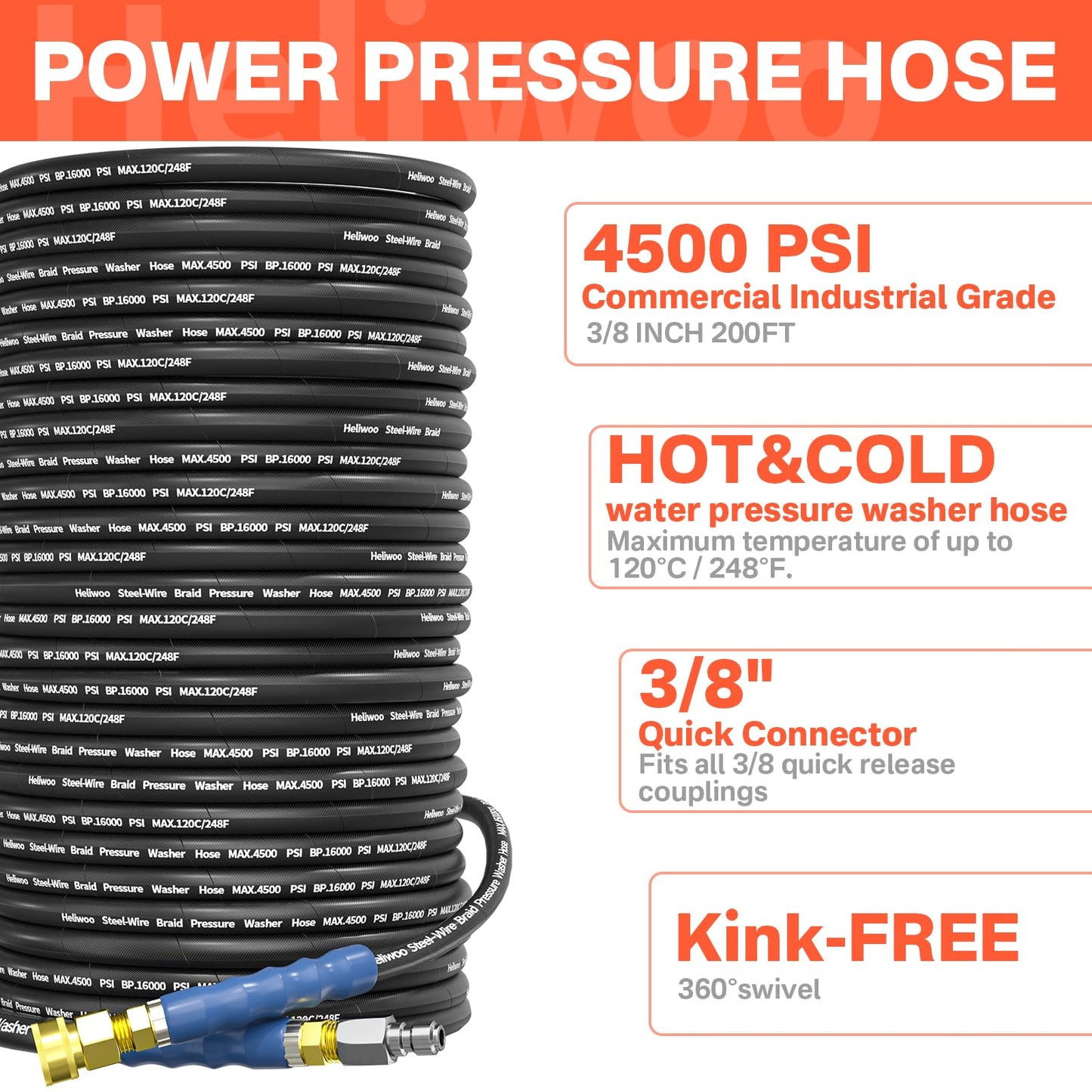 Heliwoo 3/8" Pressure Washer Hose 200 FT, Hot and Cold Water Power Washer Hose Max 248°F, Commercial Industrial Grade Steel Wire Braided Kink Proof Extension Hose -4500 PSI