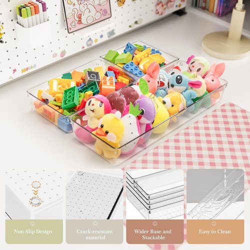 Criusia Drawer Organizer Set - 12 Clear Plastic Storage Bins for Kitchen, Bathroom & Office | 4 Versatile Sizes