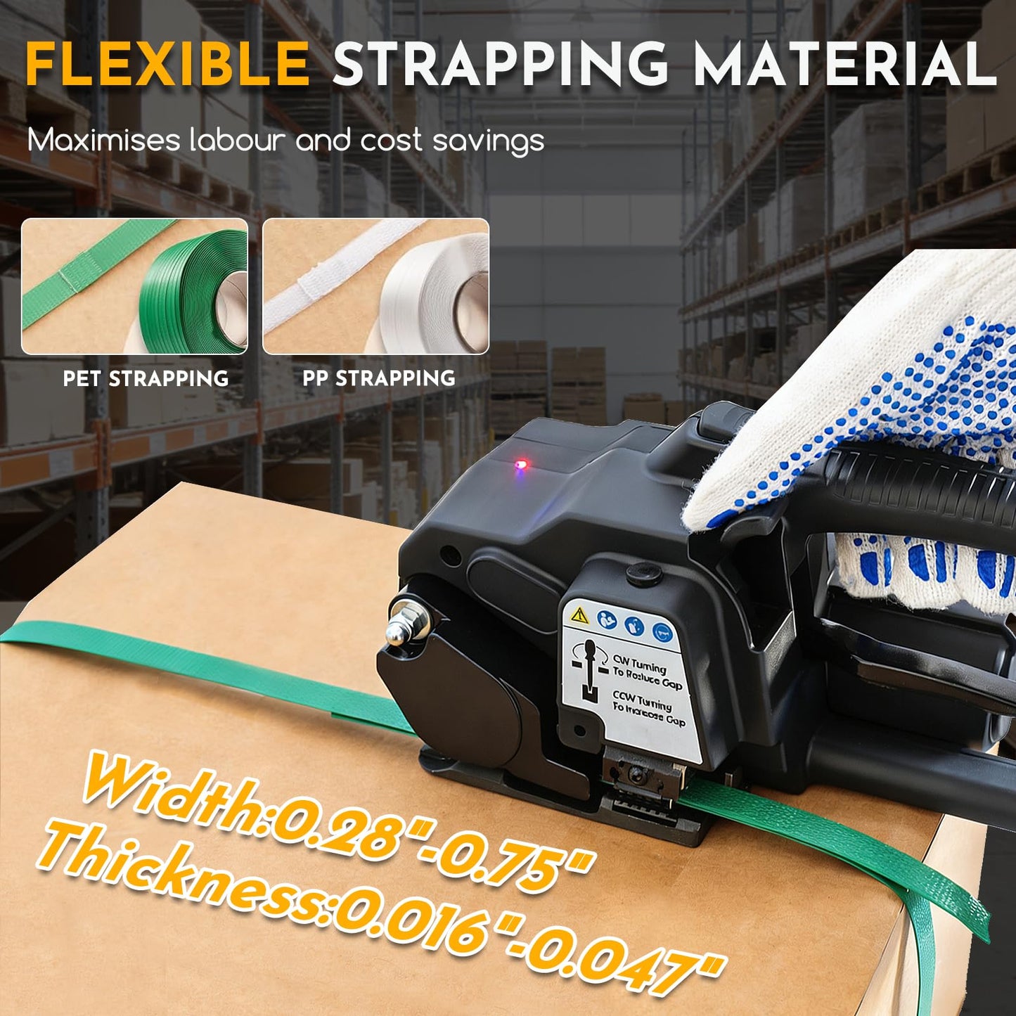 SDRTOP Cordless Electric Strapping Tool for PP/PET Straps, Adjustable Tension 3500N, Dual Battery Powered Handheld Banding Machine for Cartons, Pallets & Industrial Packaging