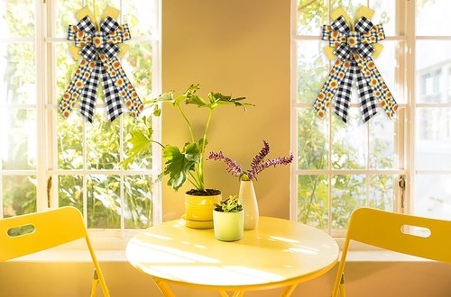 ABTOLS Large Spring Bows - Black White Buffalo Plaid & Yellow Floral Decor for Wreaths | Indoor/Outdoor Use
