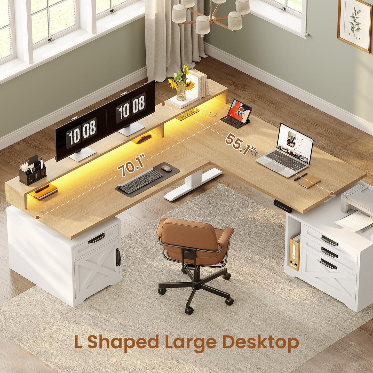 SEDETA Farmhouse L Shaped Standing Desk, 70.1" x 73.2" Height Adjustable Home Office Executive Desk with Drawers, Power Outlet, Monitor Stand, Sit Stand Table with Led Lights for Home Office, Oak