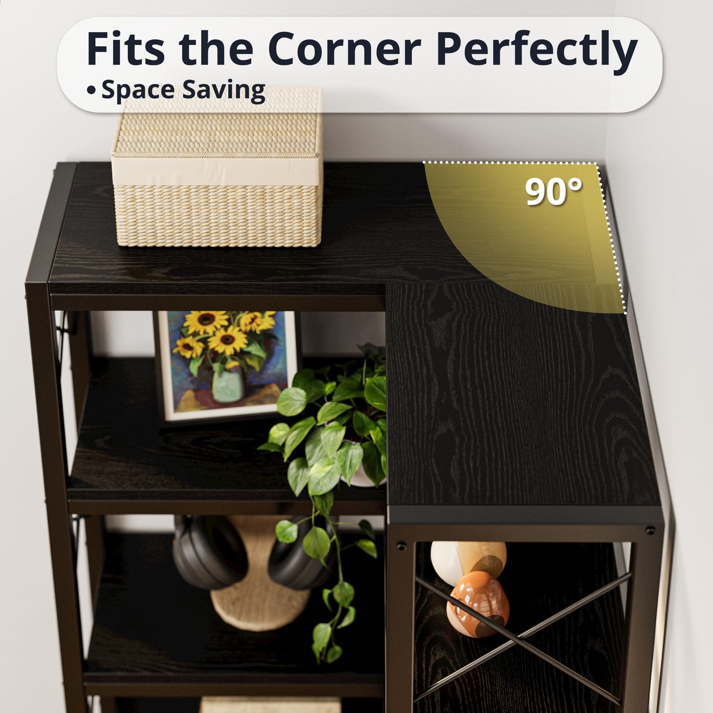 IRONCK Corner Bookshelf, 7-Tier Industrial Corner Bookcase, Tall Corner Shelf Storage Display Rack with Metal Frame for Living Room Home Office, Black